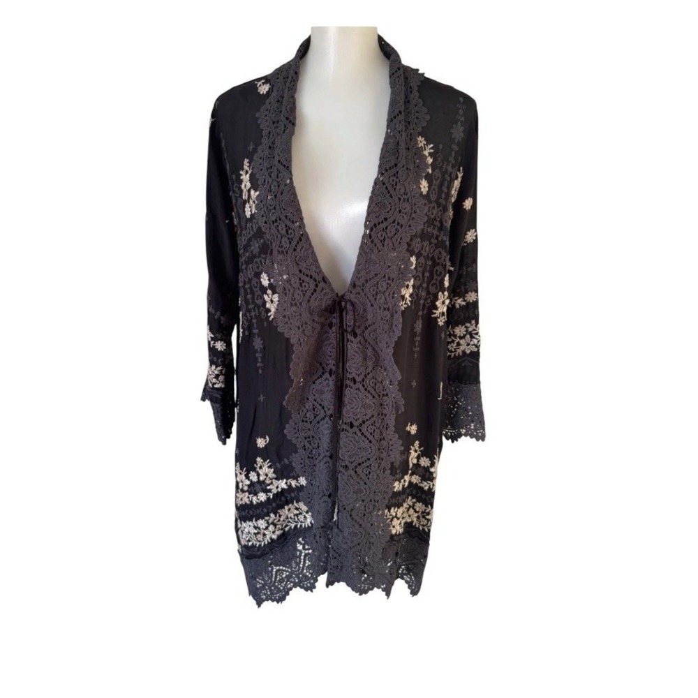 Johnny Was Embroidered Lace Floral Kimono Jacket Bohemian Size XS Black